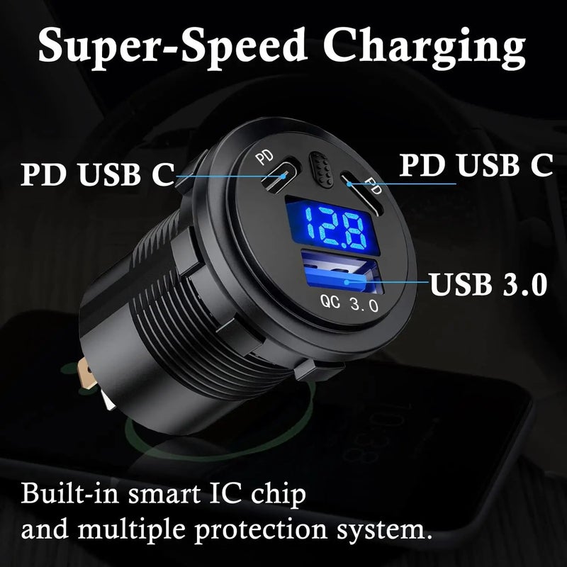 Bluejw 90W 3-Port Car Charger: Dual 45W USB-C PD & 18W QC 3.0, 12V/24V Automobile Charger Socket with Voltmeter & On/Off Switch - Image 3